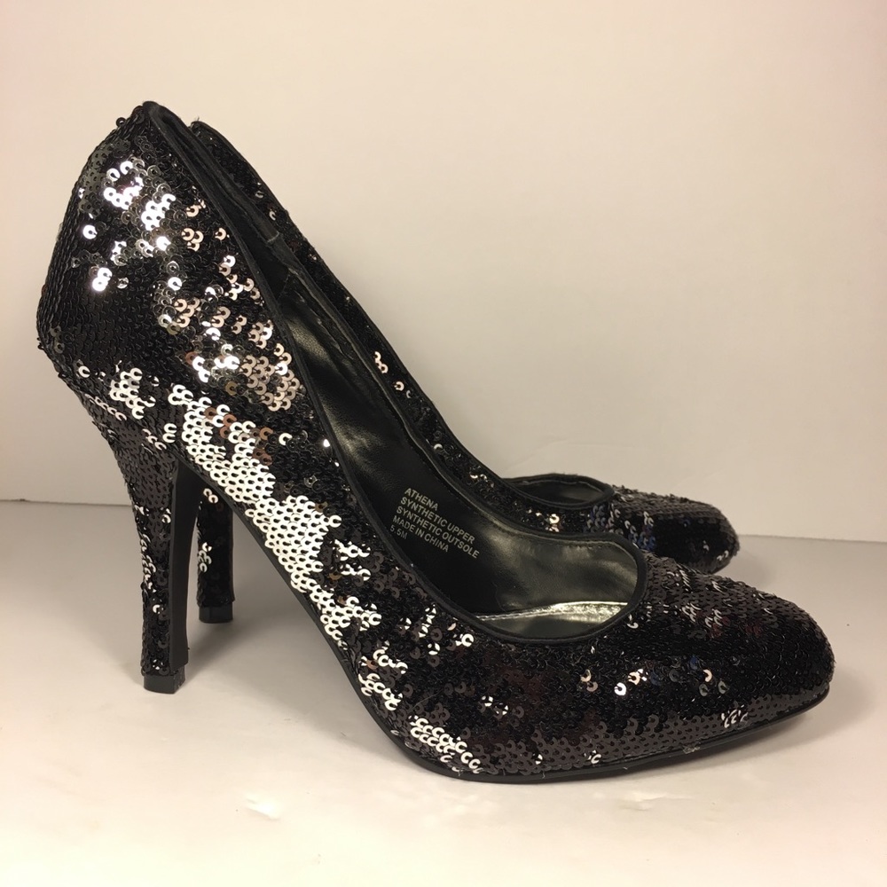 Black Silver Sequin Pump Heel Athena w/ Box